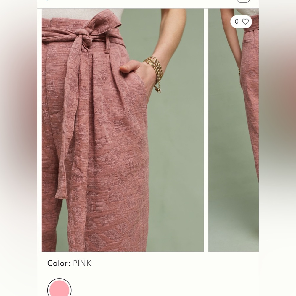 Anthropologie Pink Jacquard Cropped Tie Waist Ankle Pants